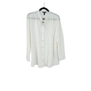 Eileen Fisher Mandarin Collar Shirt Button Cuffs Long Sleeve White Size L NWT